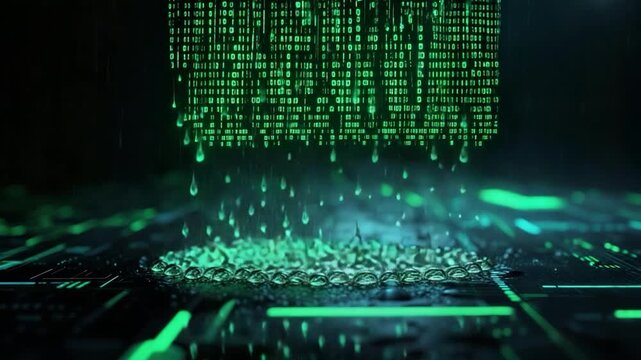 Green digital rain cascades onto a circuit board, forming droplets. Binary code falls