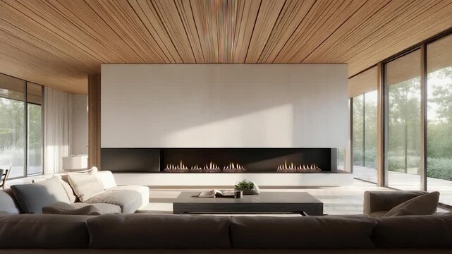 Interior shot of a modern living room featuring a fireplace, sofas, large windows, and wooden ceiling