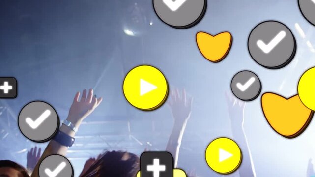 Crowd raising hands, pulsing lights starting UI icons drifting across front rows showing music buzz