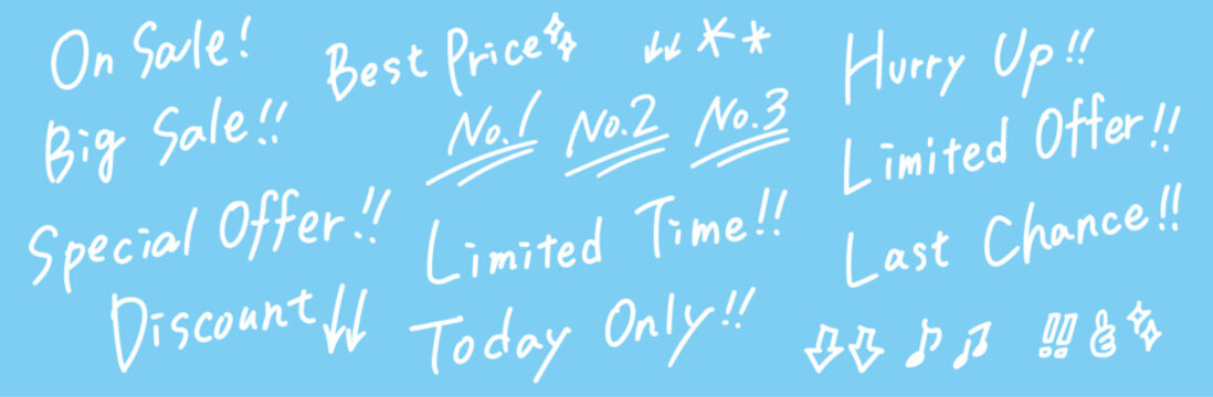 Handwritten sale lettering set with on sale, big sale, special offer, limited time and hurry up phrases for marketing, social media and promotion vector
