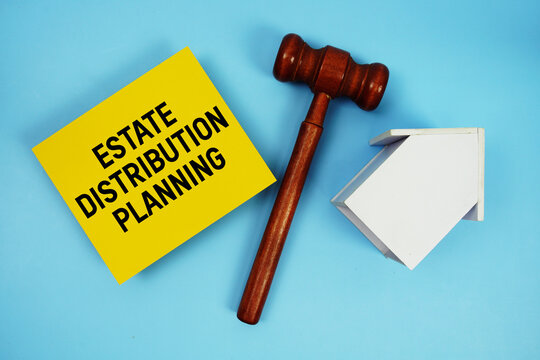 Estate Distribution Planning text with judgment gavel and house model on blue background
