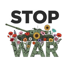 Fototapeta premium STOP WAR colorful flowers growing out of tank on white background vector