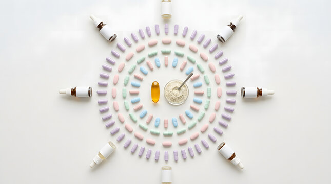 A creative mandala-style flat lay of colorful pastel supplement pills and dropper bottles arranged symmetrically on a white background.
