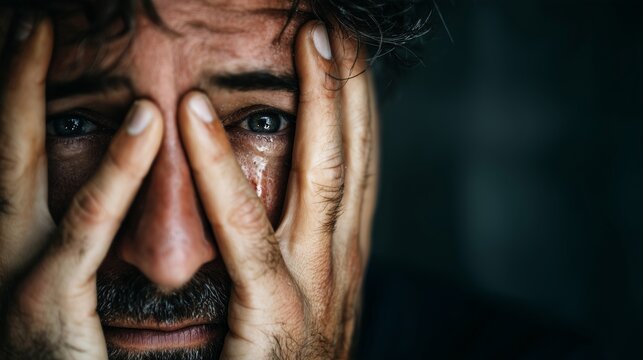 Crying Desperate Man in Deep Depression Covering His Face with Hands Feeling Hopeless and Sad Closeup Portrait About Mental Health and Grief Issues