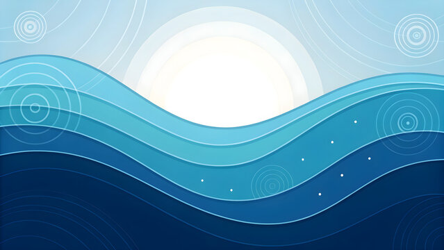 Abstract Blue Wave Background with Sunrise Gradient and Subtle Circular Patterns