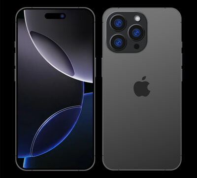 Iphone 16 pro max mockup. Back and front side of the phone. Deep Black Titanium Mock-up screen iphone. High Quality. Official presentation. Editorial.