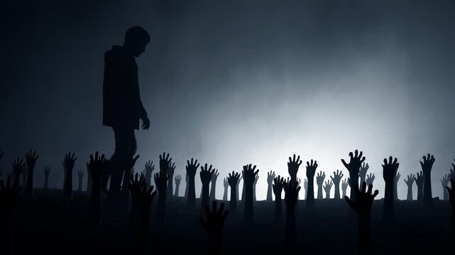Man standing in front of many reaching hands in nightmare. Silhouette of male survivor surrounded by ghosts. Horror scene featuring eerie reaching fingers in dark.