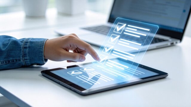 Digital checklist interface on tablet screen,user completing online survey form with touch technology for task management,quality control and workflow organization concept