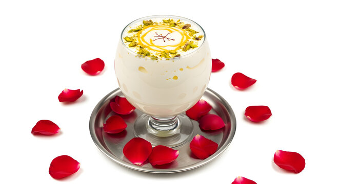 Extra Large Glass of Lassi with Fresh Curd Topping on Rose Petal Tray