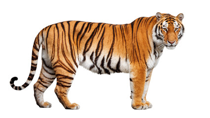 Fototapeta premium A full body studio shot of a powerful striped tiger standing and looking at camera
