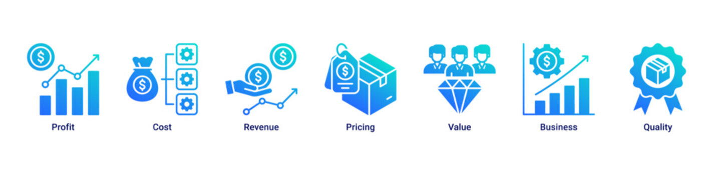 Revenue System web banner icon illustration featuring Profit,Cost,Revenue,Pricing,Value,Business,and Quality