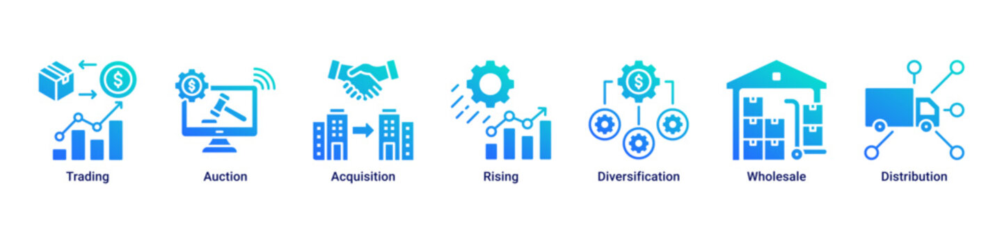 Market Growth web banner icon illustration with Trading,Auction,Acquisition,Rising,Diversification,Wholesale,and Distribution