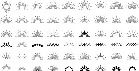 Sunburst sunrise icon silhouette collection, decorative vector artwork set, radiant design graphic, celestial illustration symbol, flat vector illustration