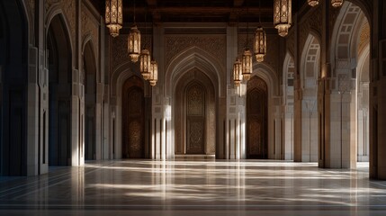 Obraz premium Intricate mosque interior featuring geometric tile patterns, arched doorways, hanging lanterns casting shadows on polished marble floor in afternoon light, perfect for sacred space architecture