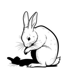 Fototapeta premium Rabbit grooming itself while sitting and casting a shadow 