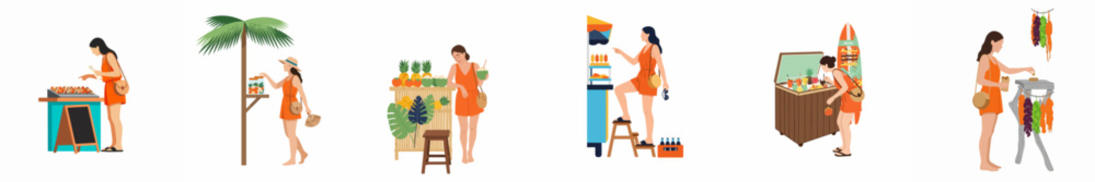 Flat illustrations of a female tourist in an orange romper visiting various tropical street food, fruit, and drink stalls on vacation.