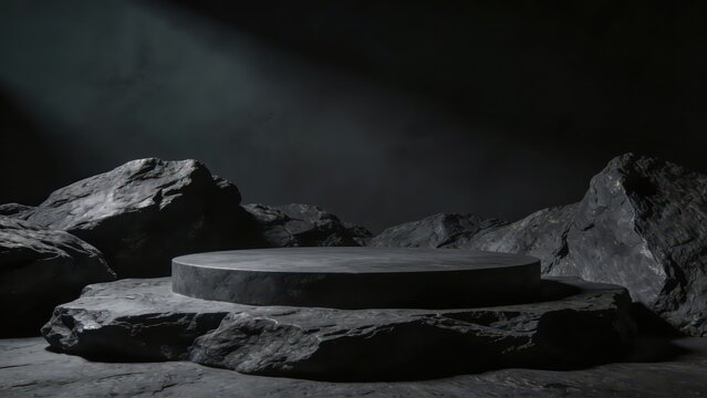 A round booth with dark rock texture presents a calm and heavy high-end sense against a dark background, making it a visual material image suitable for backgrounds, materials and product booth scenari