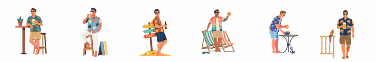 Set of flat illustrations featuring young men in Hawaiian shirts enjoying tropical vacations, drinking beer, and relaxing in beach-themed settings. © Mairiko