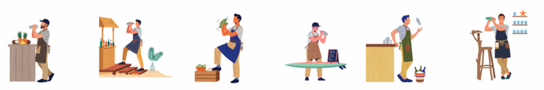 Set of male bartenders preparing tropical cocktails at beach bars, flat vector illustration featuring cocktail shakers, fruits, and summer vacation vibes.
