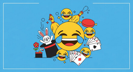 Fototapeta premium Smiling emojis playing magic tricks with cards and rabbit