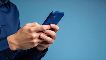 Fototapeta premium Close up of hands using blue smartphone on minimal background,mobile communication and digital connectivity concept for business and modern lifestyle technology