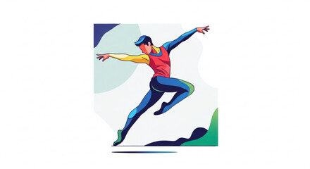 Fototapeta premium Man in colorful outfit jumping energetically outdoors with arms outstretched in dynamic motion