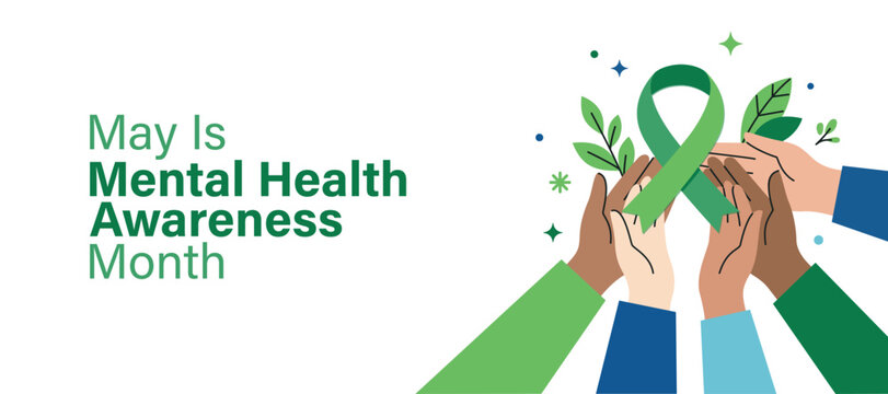 Hands holding green mental health awareness ribbon, May is Mental Health Awareness Month, compassion and support vector illustration banner. Mental and Psychological wellbeing concept background