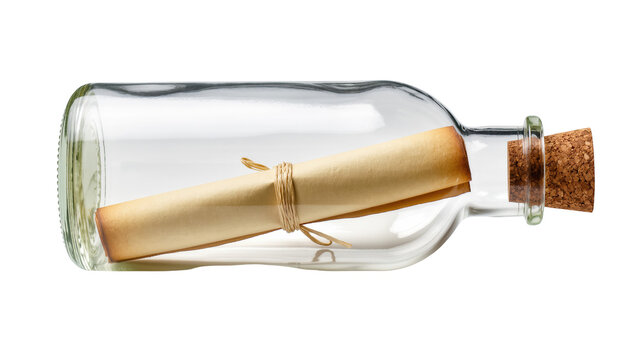 Classic glass bottle with a rolled old parchment message tied with twine, sealed with cork