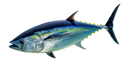 Magnificent fresh bluefin tuna fish displaying striking blue, silver, and yellow colors © Federica