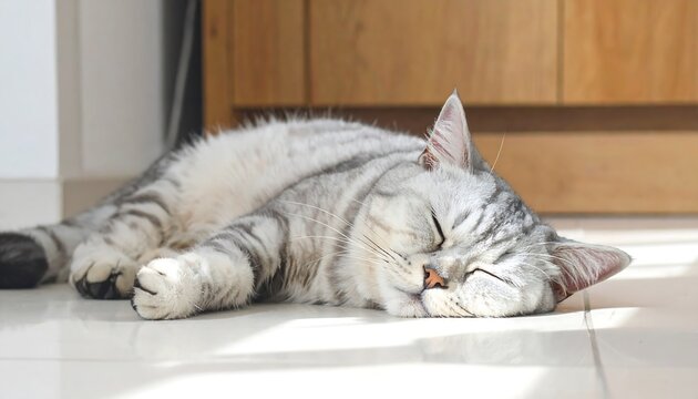 Serene silver tabby cat peacefully sleeps on a sunlit floor in a cozy home setting
