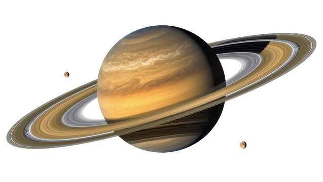 Stunning view of the gas giant Saturn with its iconic rings and moons in orbit