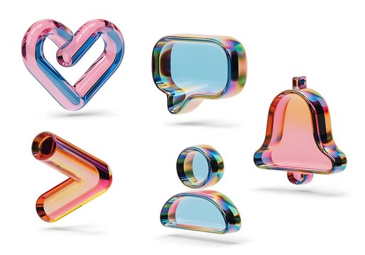3D social media icons with translucent glass effect: heart, chat, bell, arrow, user - isolated on white background, heart icon