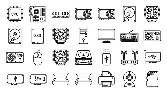 Collection of Modern Computer Hardware Icons for Digital Technology and Computing Concepts