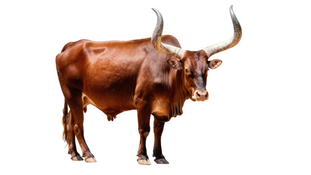 Stunning Ankole Watusi bull with incredibly long, curved horns, standing still and alert