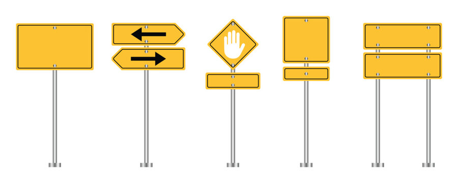 Traffic sign icon set. Direction sing. Blank yellow traffic road sign on transparent background. road empty board sing. Vector illustration.