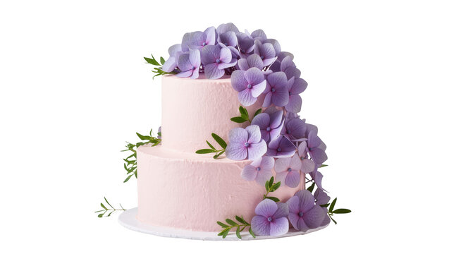 Elegant pink two-tier cake decorated with fresh purple hydrangeas and vibrant green leaves