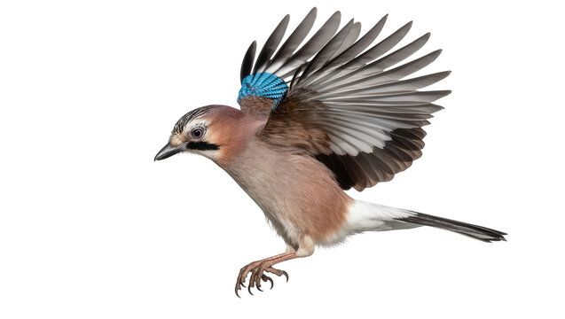 Dynamic Eurasian Jay bird in mid-flight with its distinctive patterned wings spread wide