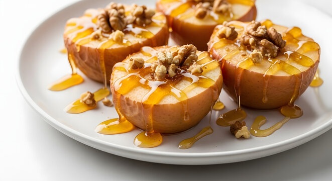 Delicious baked Bumthang apples with wild Bhutanese honey and walnuts, isolated on a pristine white background