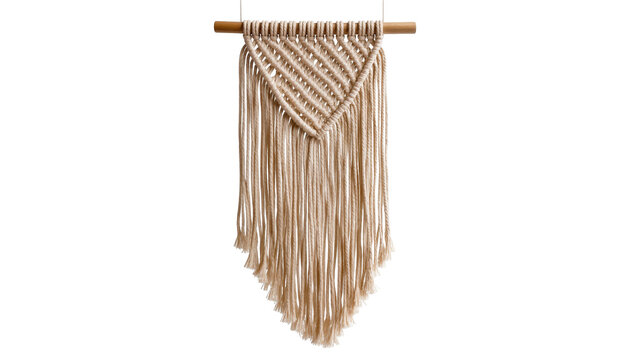 Elegant boho chic handmade macrame wall hanging art with natural cotton rope and wooden dowel