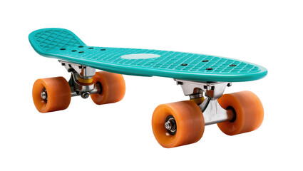 Vibrant teal plastic mini cruiser skateboard with bright orange wheels for summer fun © Federica