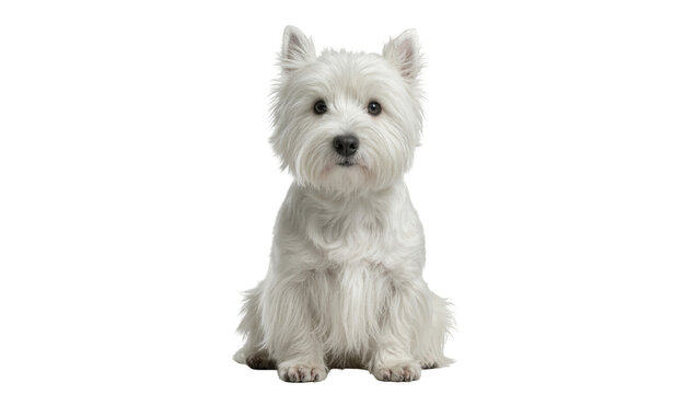 Cute fluffy white West Highland White Terrier dog sitting patiently and looking directly ahead