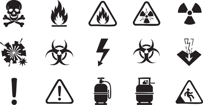 Collection of hazard warning symbols and icons