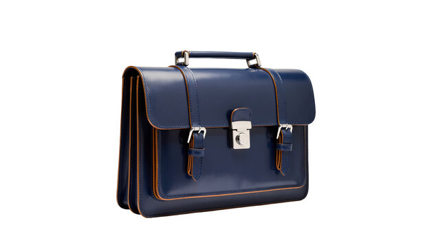 Elegant navy blue leather briefcase featuring polished silver hardware and tan stitching