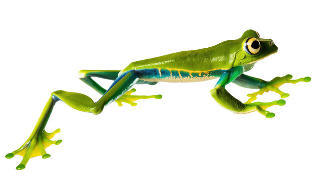 Close-up of a vibrant green tree frog with blue and yellow accents in a dynamic pose