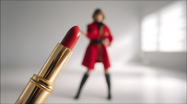 Fashionable woman in red coat and black boots posing in bright room, with focus on red lipstick in foreground.
