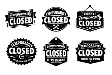 Obraz premium Temporarily closed badges and icons for businesses, shops, or services communicating a temporary closure, renovation, or special event