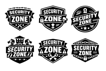 Obraz premium Black and white security zone emblems set, creating protection and defense concepts with guard elements and warning signs