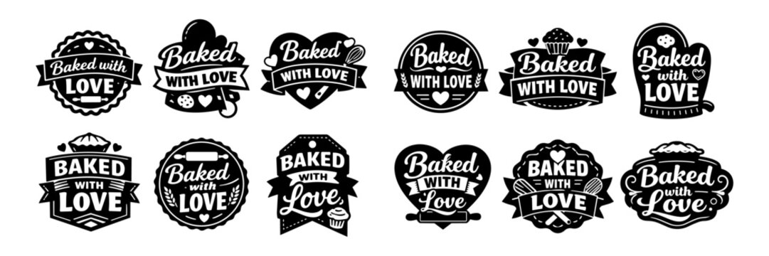 Collection of baked with love labels, showcasing baking elements, perfect for confectioneries, bakeries, or homemade goods