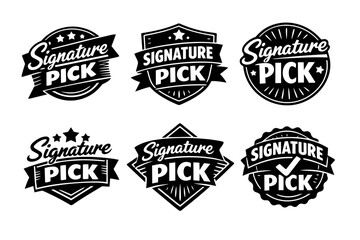 Obraz premium Signature pick badges set with quality seals and checkmark labels for recommended product selection design elements