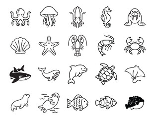Marine animals icon set featuring ocean creatures like octopus, jellyfish, squid, seahorse, walrus, crab, lobster, fish, shark, dolphin, turtle and ray in clean outline style. © LeWen